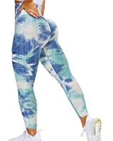 QOQ Womens High Waisted Textured Leggings Sports Fitness Tummy Control Slimming Tie Dye Tights Scrunch Booty Workout Pants LightBlue L